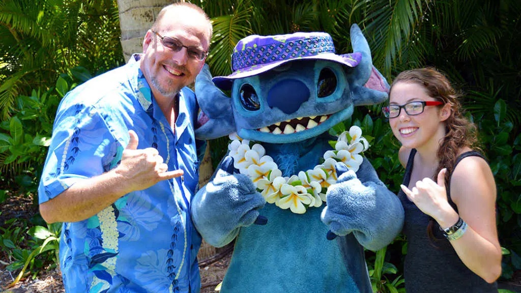 Stitch at the Halawai Lawn at Disney's Aulani in Oahu Hawaii