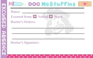 Doc McStuffins excuse from school or work, kenny the pirate