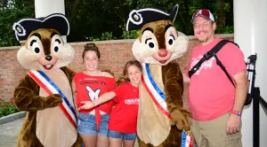 Chip n Dale in Patriotic Revolutionary War costumes in Epcot's American Adventure