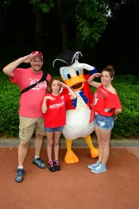 Donald Duck in Patriotic Revolutionary War costumes in Epcot's American Adventure