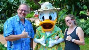 Donald Duck near the Menehune Bridge at Disney's Aulani in Ohau Hawaii