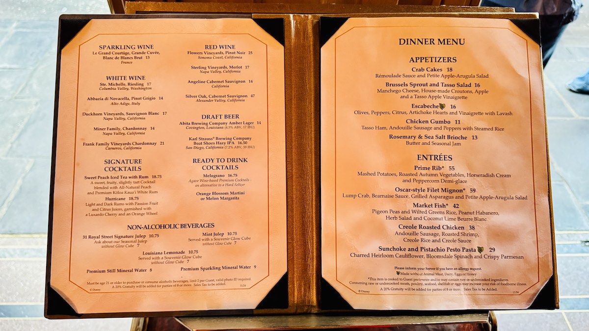 picture of menu blue bayou restaurant disneyland